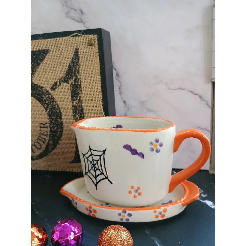 Temptations By Tara Halloween Sugar with Lid & Creamer On Plate Boofetti Pattern